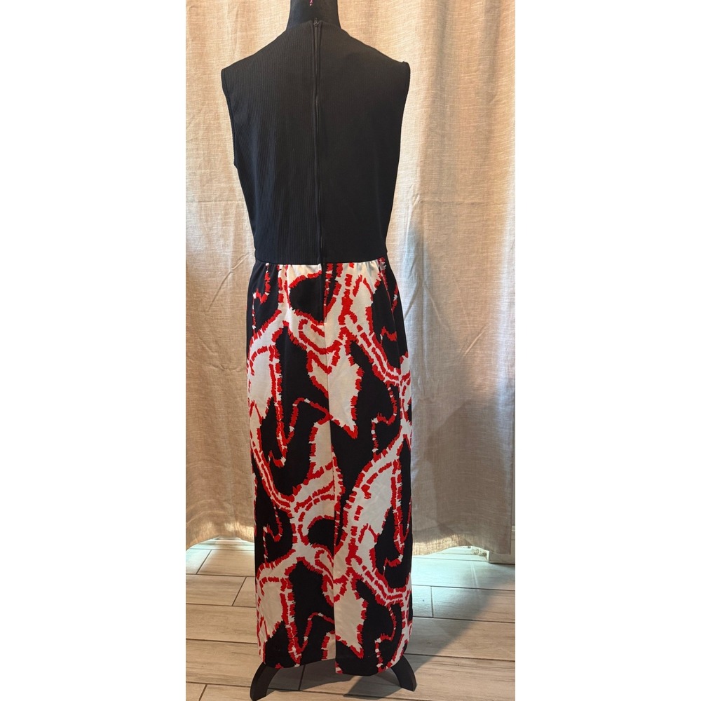 Vintage 90s Black Red  Abstract Graphic Print Sleeveless Maxi Dress Empire Waist